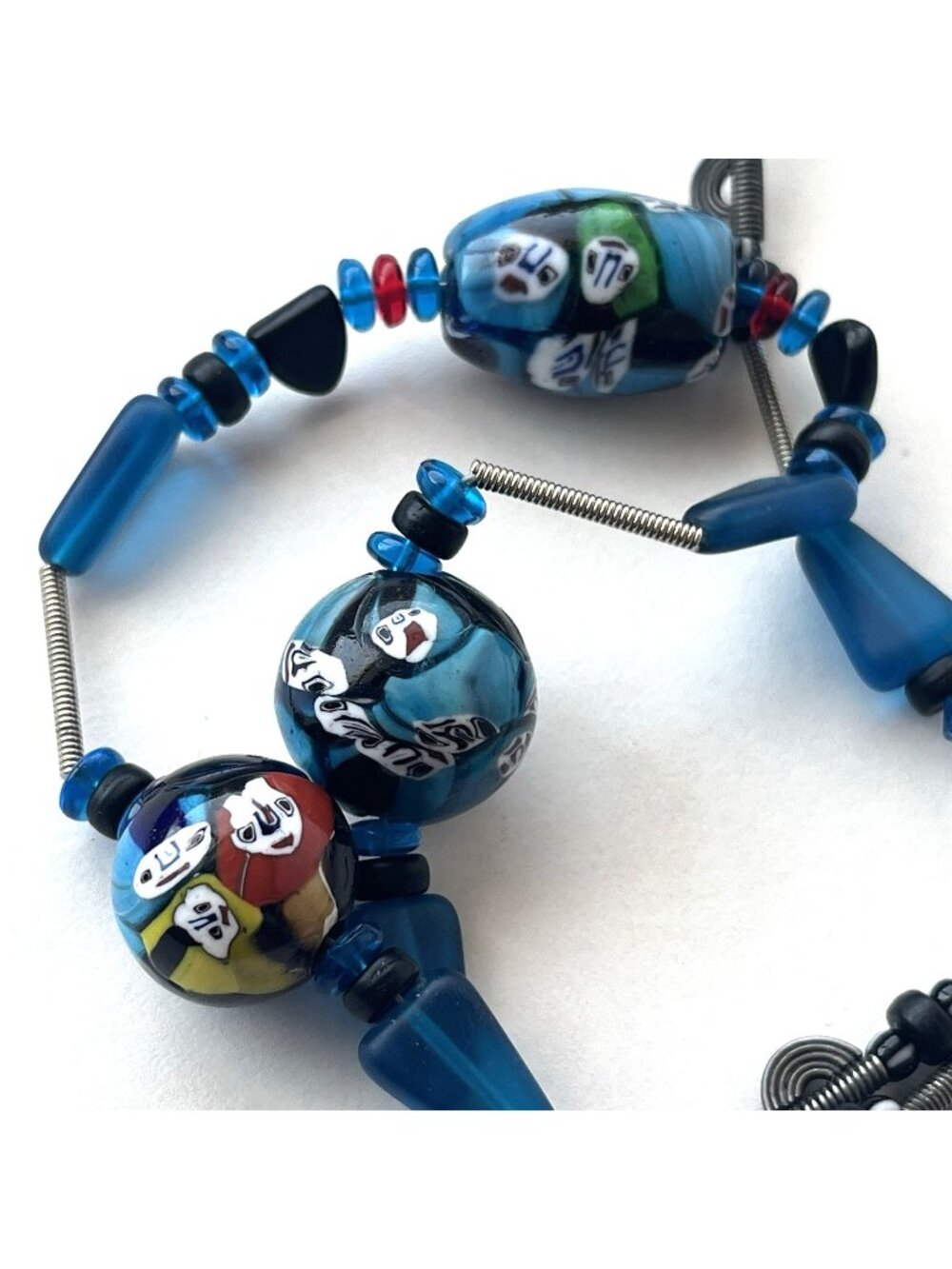 Vintage Millefiori Ghost Face Blue Glass Beaded Necklace 925 Silver Clasp 24"
